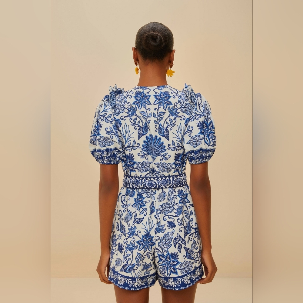 NEW FARM Rio blue & off-white shell garden 100% organic cotton Romper Size Small - Picture 11 of 13